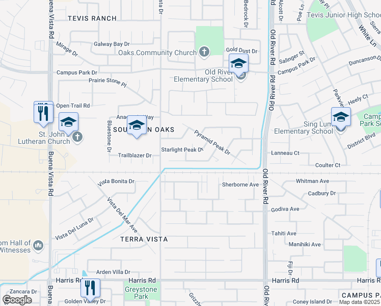 map of restaurants, bars, coffee shops, grocery stores, and more near 10223 Starlight Peak Drive in Bakersfield
