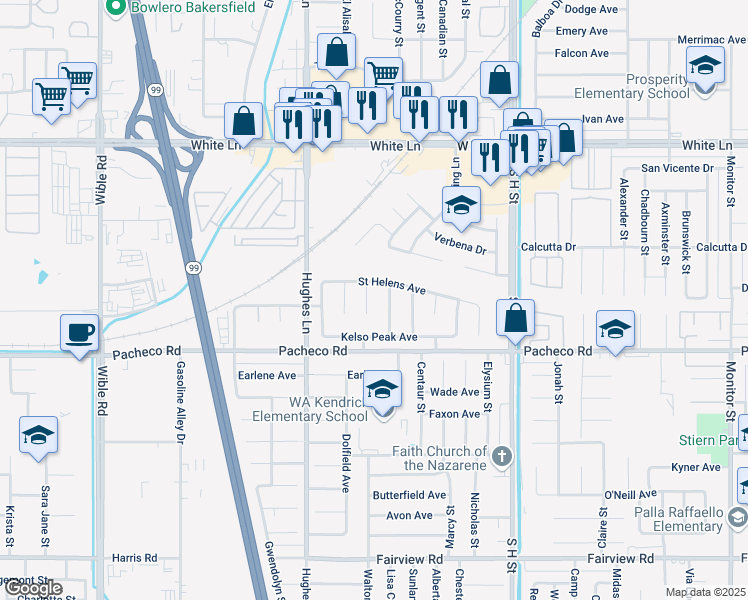 map of restaurants, bars, coffee shops, grocery stores, and more near 4708 Half Dome Way in Bakersfield