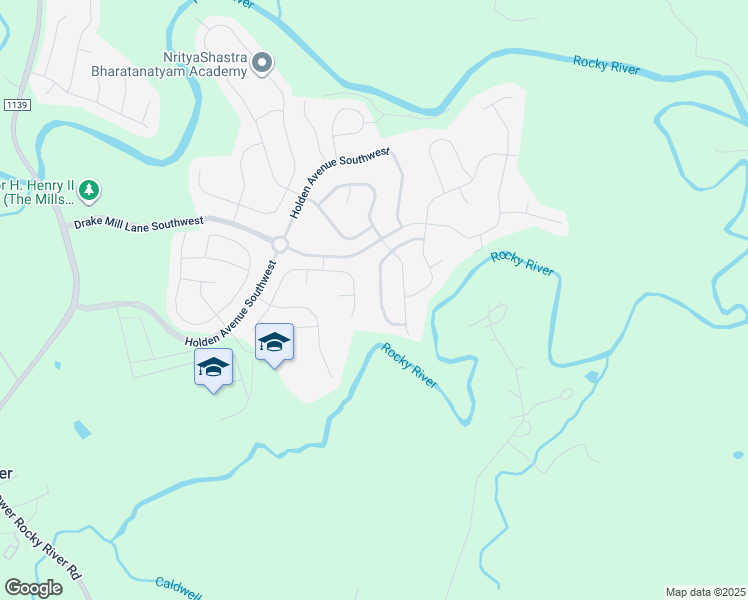 map of restaurants, bars, coffee shops, grocery stores, and more near 7323 Mill Ruins Avenue Southwest in Concord