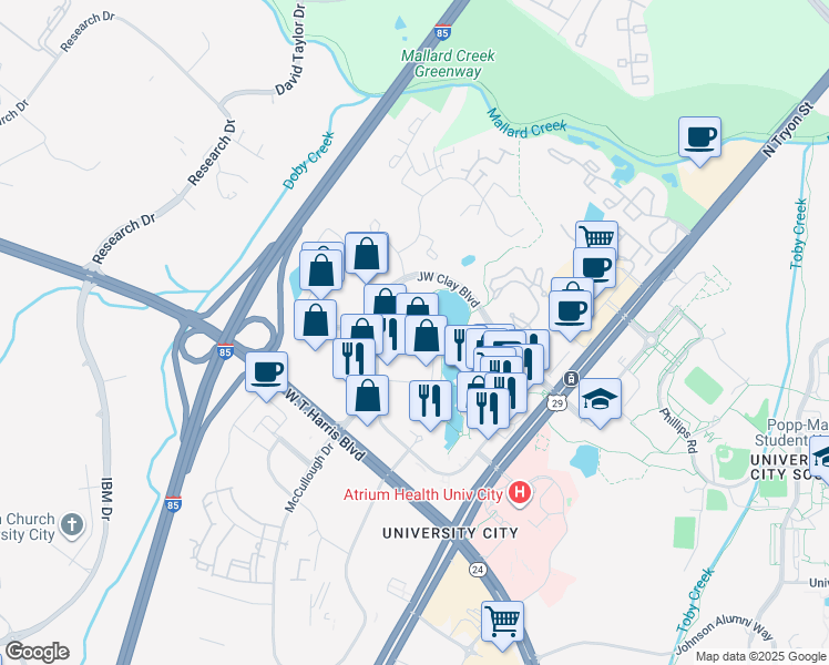 map of restaurants, bars, coffee shops, grocery stores, and more near 6010 Jasmine Lane in Charlotte