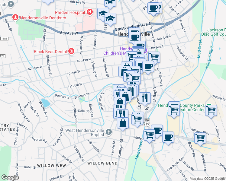 map of restaurants, bars, coffee shops, grocery stores, and more near 1 Summit Circle in Hendersonville