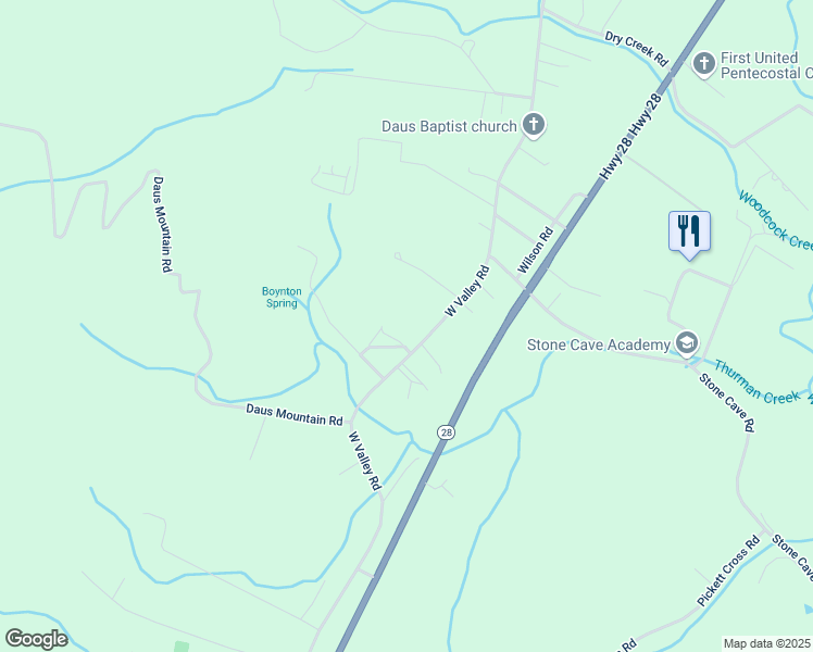 map of restaurants, bars, coffee shops, grocery stores, and more near 2071 West Valley Road in Whitwell