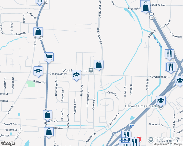 map of restaurants, bars, coffee shops, grocery stores, and more near 7712 Colony Lane in Fort Smith