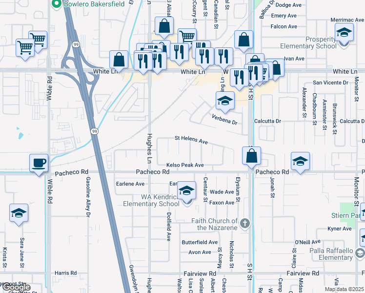 map of restaurants, bars, coffee shops, grocery stores, and more near 4708 Half Dome Way in Bakersfield
