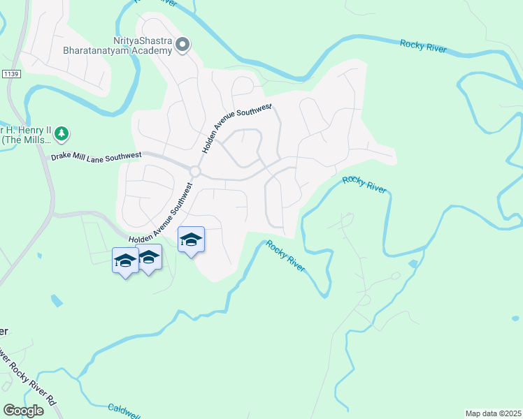 map of restaurants, bars, coffee shops, grocery stores, and more near 7323 Mill Ruins Avenue Southwest in Concord