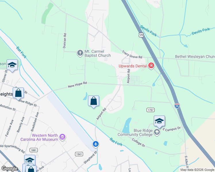 map of restaurants, bars, coffee shops, grocery stores, and more near 692 New Hope Road in Flat Rock