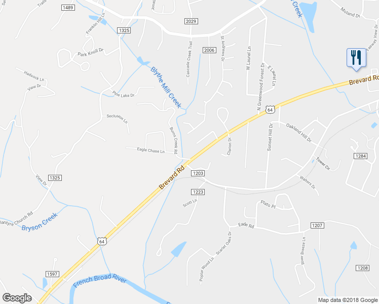 map of restaurants, bars, coffee shops, grocery stores, and more near 6951 Brevard Road in Etowah