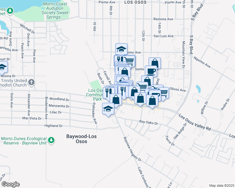 map of restaurants, bars, coffee shops, grocery stores, and more near 9th Street in Baywood-Los Osos