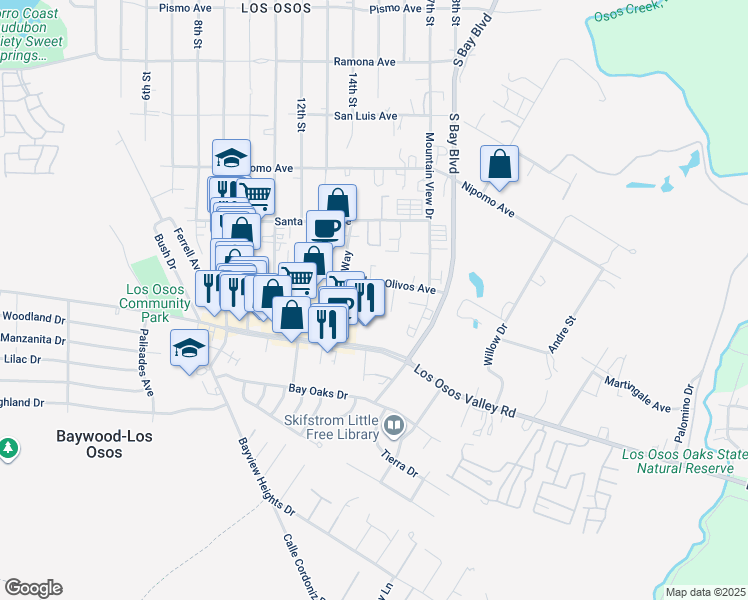 map of restaurants, bars, coffee shops, grocery stores, and more near 1320 Los Olivos Avenue in Baywood-Los Osos