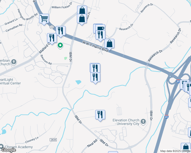 map of restaurants, bars, coffee shops, grocery stores, and more near 1525 West W.T.Harris Boulevard in Charlotte