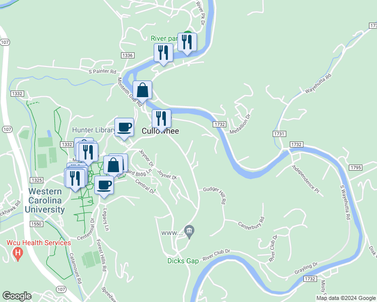 map of restaurants, bars, coffee shops, grocery stores, and more near Terrace Village Drive in Cullowhee