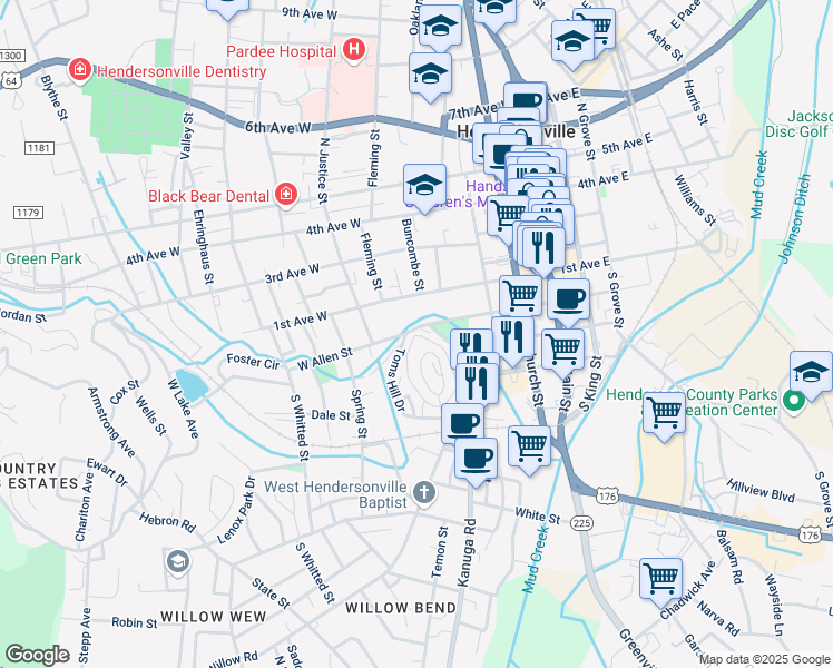 map of restaurants, bars, coffee shops, grocery stores, and more near 522 1st Avenue West in Hendersonville
