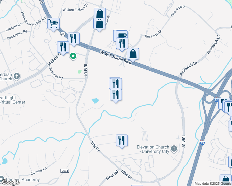 map of restaurants, bars, coffee shops, grocery stores, and more near 1525 West W.T.Harris Boulevard in Charlotte