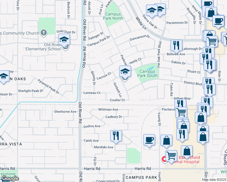 map of restaurants, bars, coffee shops, grocery stores, and more near 4520 Gorbett Lane in Bakersfield