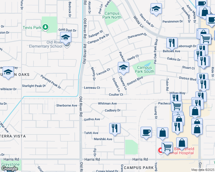 map of restaurants, bars, coffee shops, grocery stores, and more near 4501 Devlin Court in Bakersfield