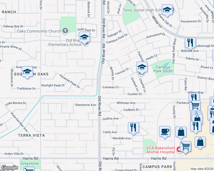map of restaurants, bars, coffee shops, grocery stores, and more near 9606 Hamburg Court in Bakersfield