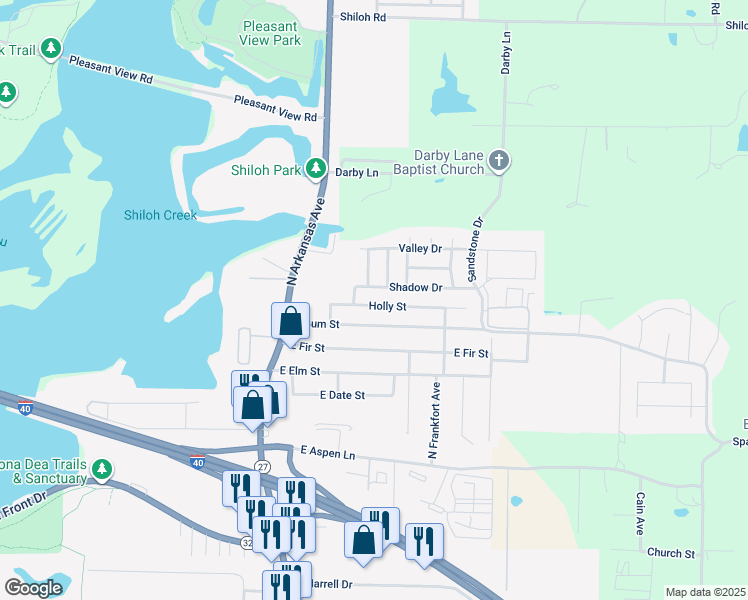 map of restaurants, bars, coffee shops, grocery stores, and more near 407 Shadow Drive in Russellville
