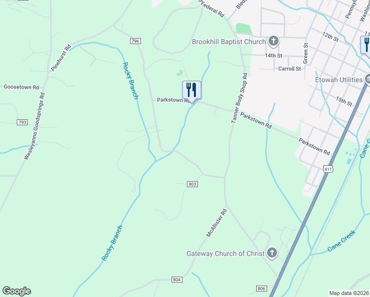 map of restaurants, bars, coffee shops, grocery stores, and more near 265 County Road 796 in Etowah