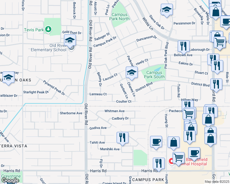 map of restaurants, bars, coffee shops, grocery stores, and more near 4501 Devlin Court in Bakersfield