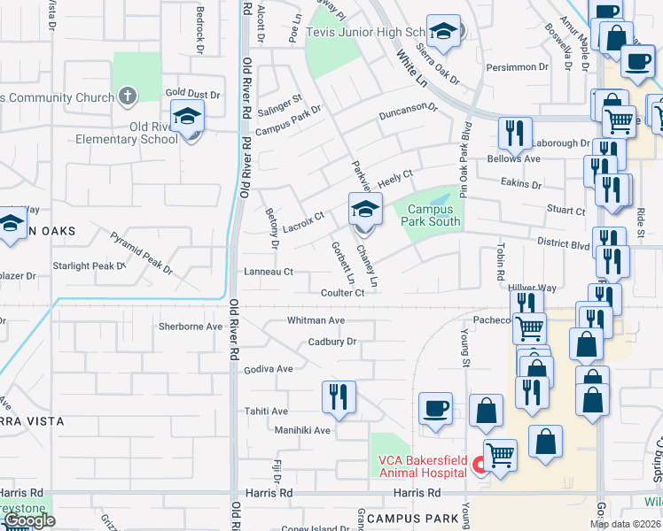 map of restaurants, bars, coffee shops, grocery stores, and more near 4520 Gorbett Lane in Bakersfield