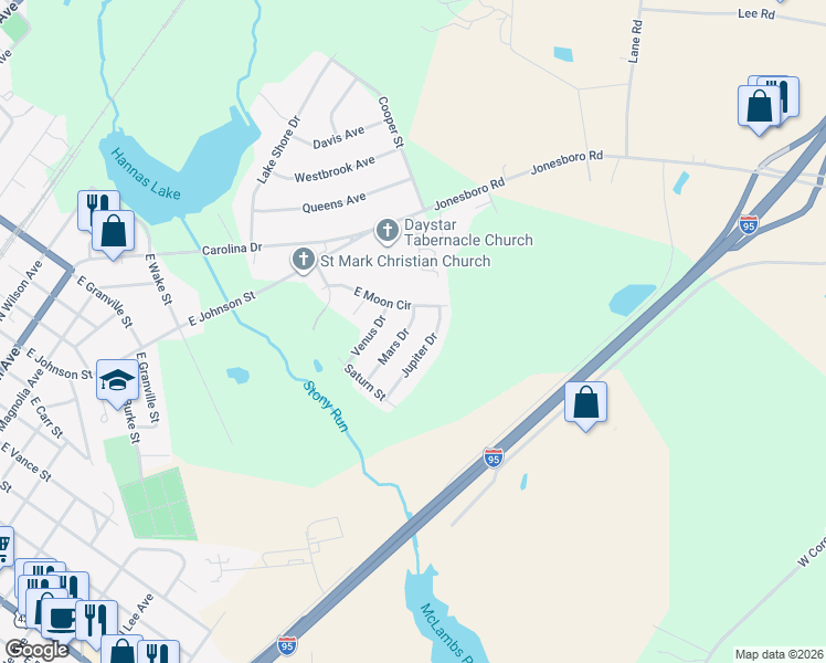 map of restaurants, bars, coffee shops, grocery stores, and more near 302 East Moon Circle in Dunn