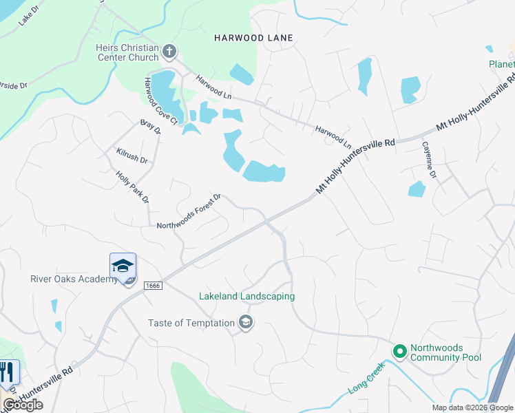 map of restaurants, bars, coffee shops, grocery stores, and more near 11120 Northwoods Forest Drive in Charlotte