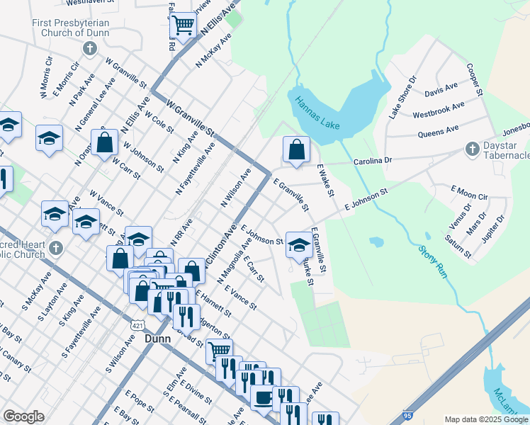map of restaurants, bars, coffee shops, grocery stores, and more near 803 North Magnolia Avenue in Dunn