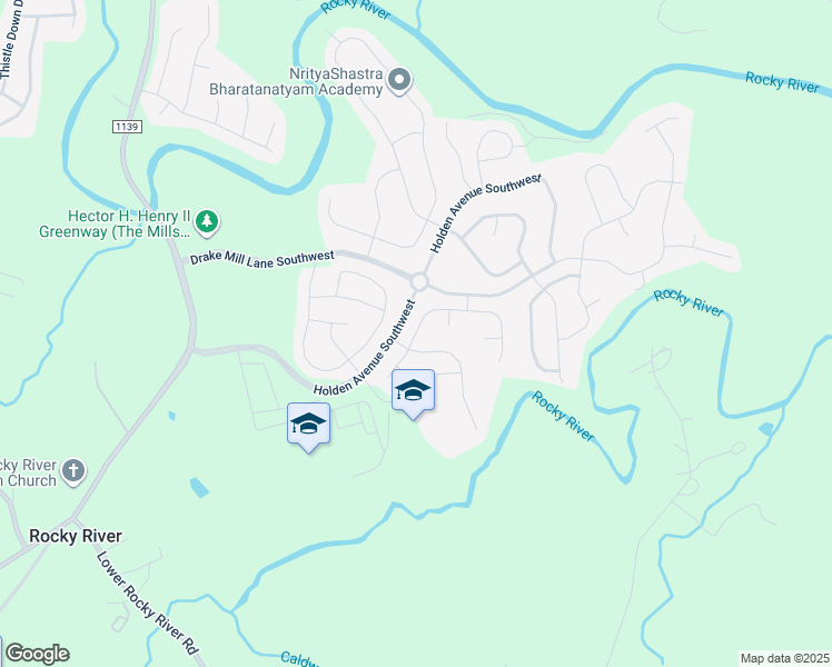 map of restaurants, bars, coffee shops, grocery stores, and more near Mill Creek Lane Southwest in Concord