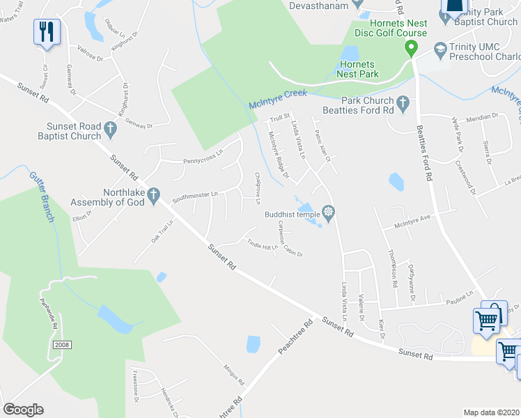 map of restaurants, bars, coffee shops, grocery stores, and more near 2807 Chalgrove Lane in Charlotte