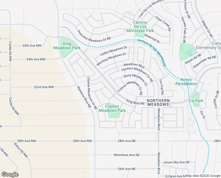 map of restaurants, bars, coffee shops, grocery stores, and more near 585 Santa Fe Meadows Drive Northeast in Rio Rancho
