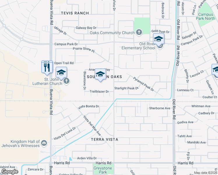 map of restaurants, bars, coffee shops, grocery stores, and more near 4615 Mountain Vista Drive in Bakersfield