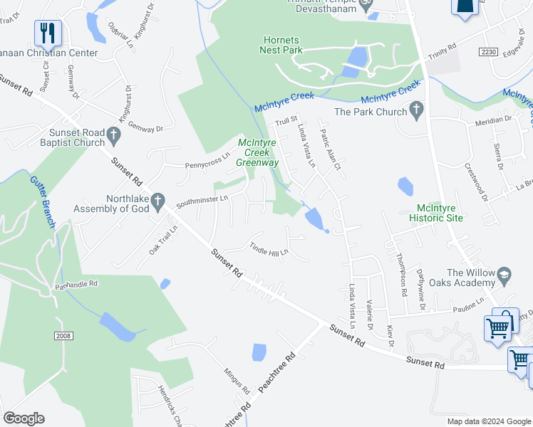 map of restaurants, bars, coffee shops, grocery stores, and more near 2812 Chalgrove Lane in Charlotte