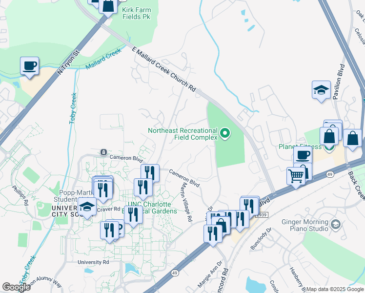 map of restaurants, bars, coffee shops, grocery stores, and more near 1741 Darryl McCall Circle in Charlotte