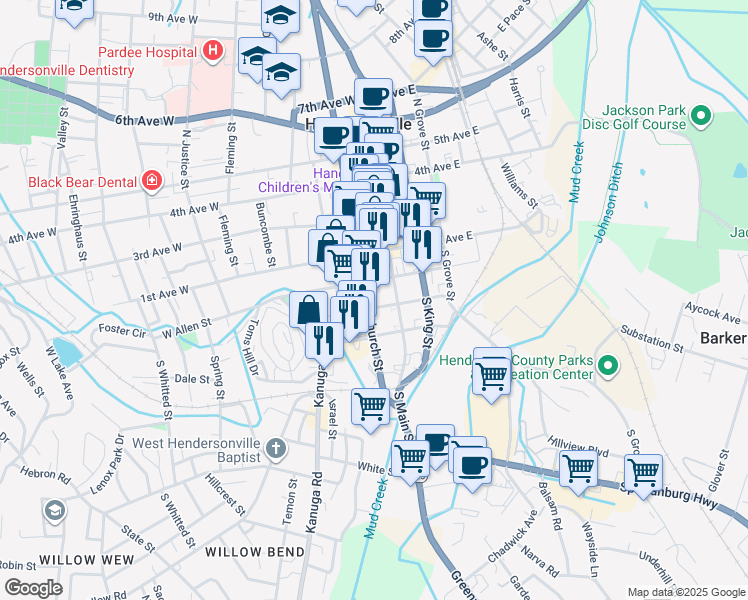 map of restaurants, bars, coffee shops, grocery stores, and more near 205 South Church Street in Hendersonville