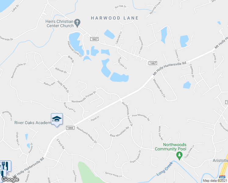 map of restaurants, bars, coffee shops, grocery stores, and more near 11128 Northwoods Forest Drive in Charlotte