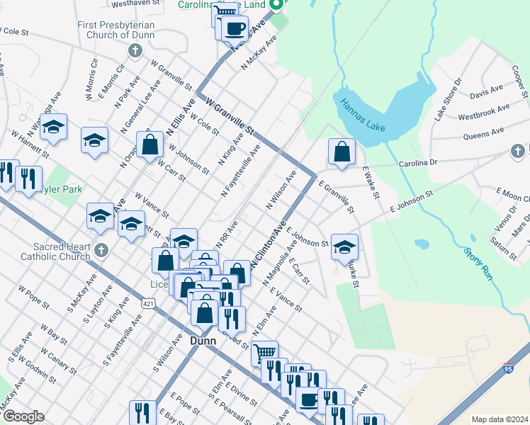 map of restaurants, bars, coffee shops, grocery stores, and more near North Wilson Avenue in Dunn