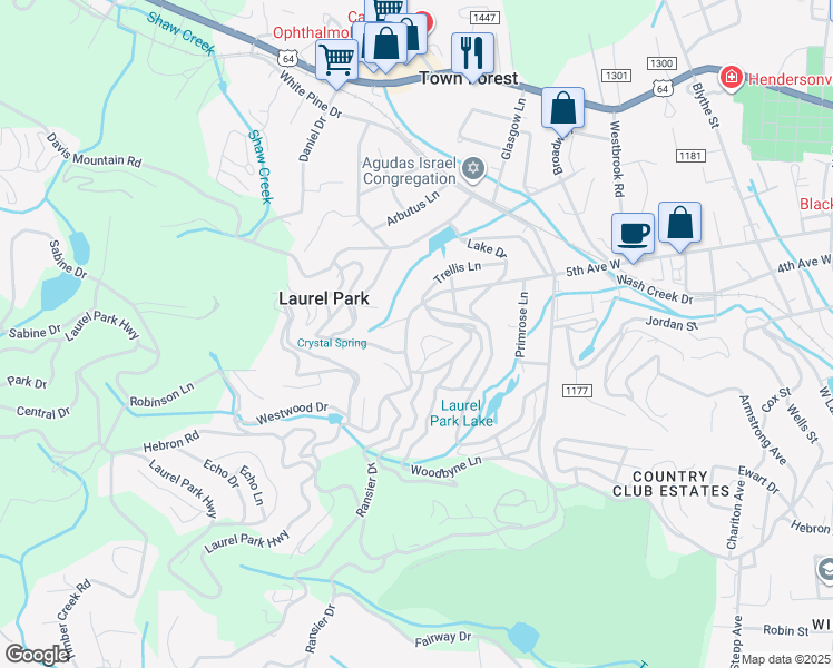 map of restaurants, bars, coffee shops, grocery stores, and more near 449 Woodbyne Avenue in Laurel Park