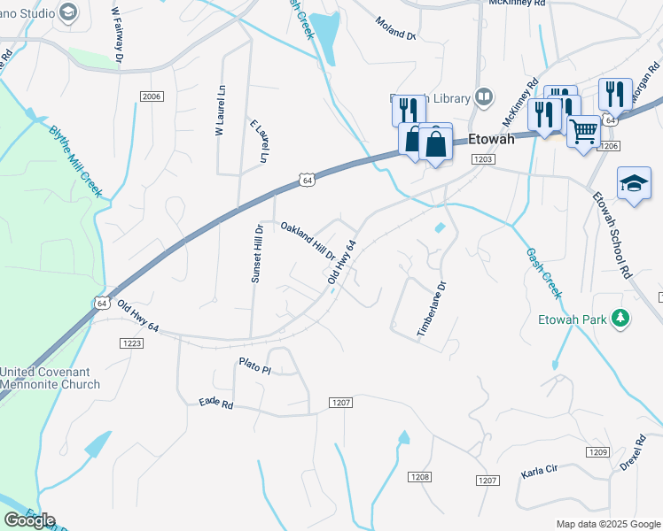 map of restaurants, bars, coffee shops, grocery stores, and more near 594 Old Highway 64 in Etowah