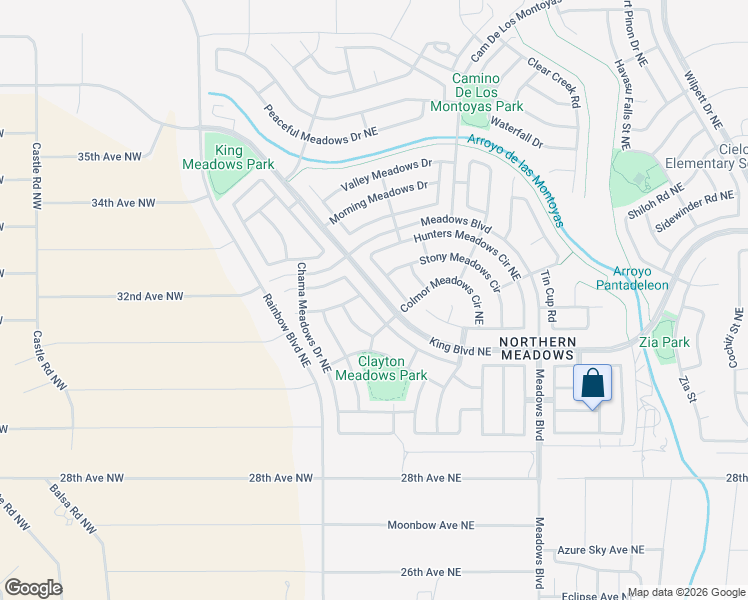 map of restaurants, bars, coffee shops, grocery stores, and more near 676 Shore Meadows Drive in Rio Rancho