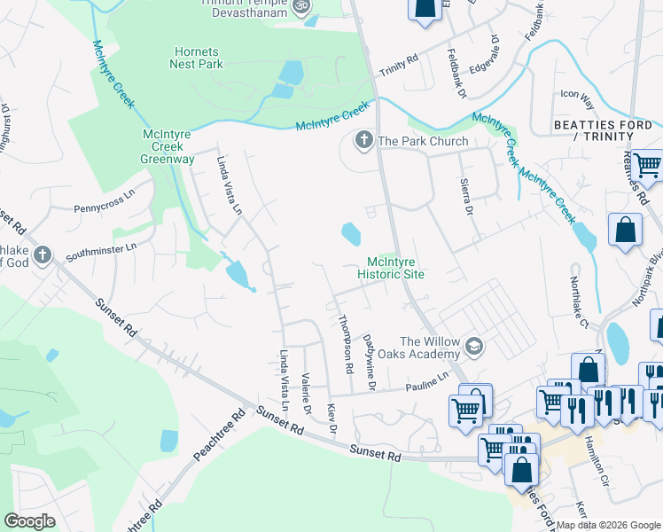 map of restaurants, bars, coffee shops, grocery stores, and more near 5821 Hornet Drive in Charlotte