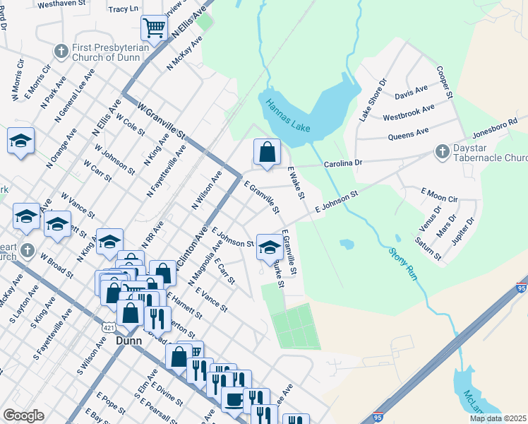 map of restaurants, bars, coffee shops, grocery stores, and more near 204 Jackson Street in Dunn