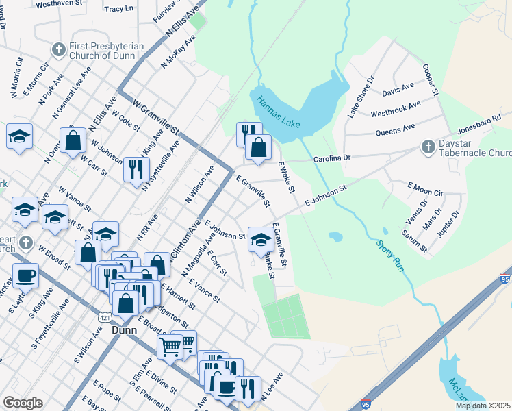 map of restaurants, bars, coffee shops, grocery stores, and more near 204 Jackson Street in Dunn