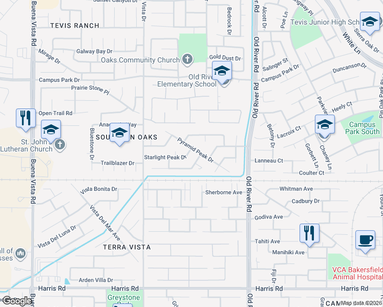 map of restaurants, bars, coffee shops, grocery stores, and more near 4606 Mesa Peak Way in Bakersfield