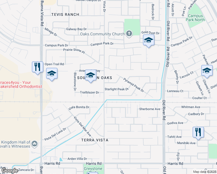 map of restaurants, bars, coffee shops, grocery stores, and more near 10321 Mount Snow Lane in Bakersfield