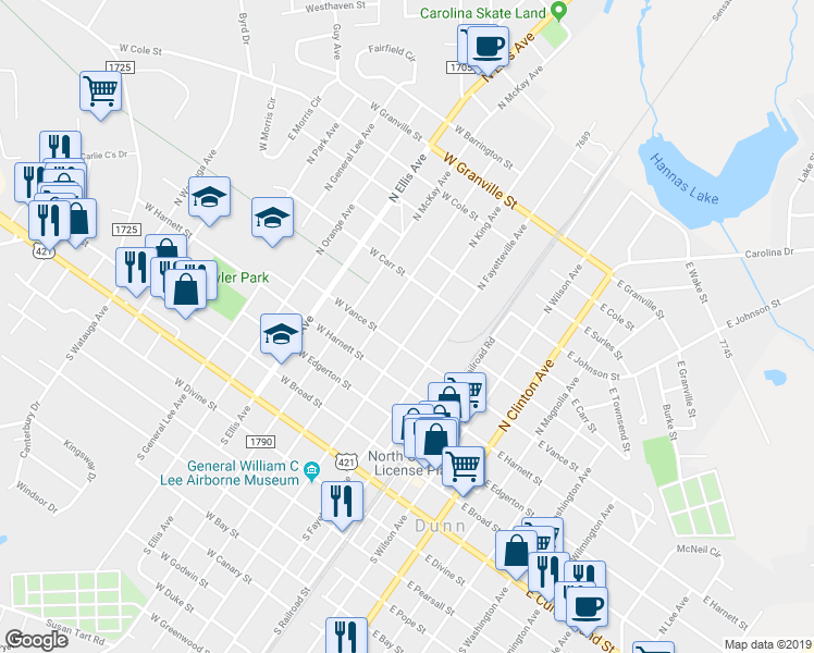 map of restaurants, bars, coffee shops, grocery stores, and more near 407 North King Avenue in Dunn