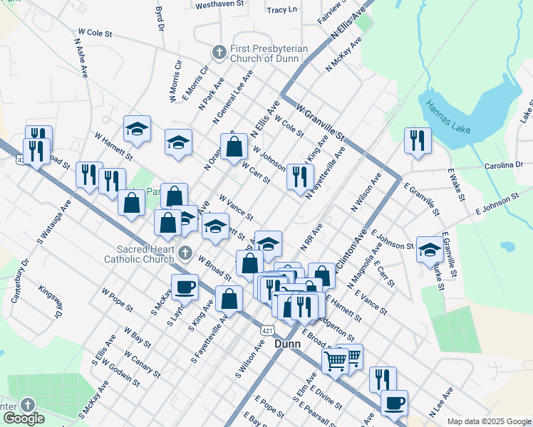 map of restaurants, bars, coffee shops, grocery stores, and more near 404 North Layton Avenue in Dunn