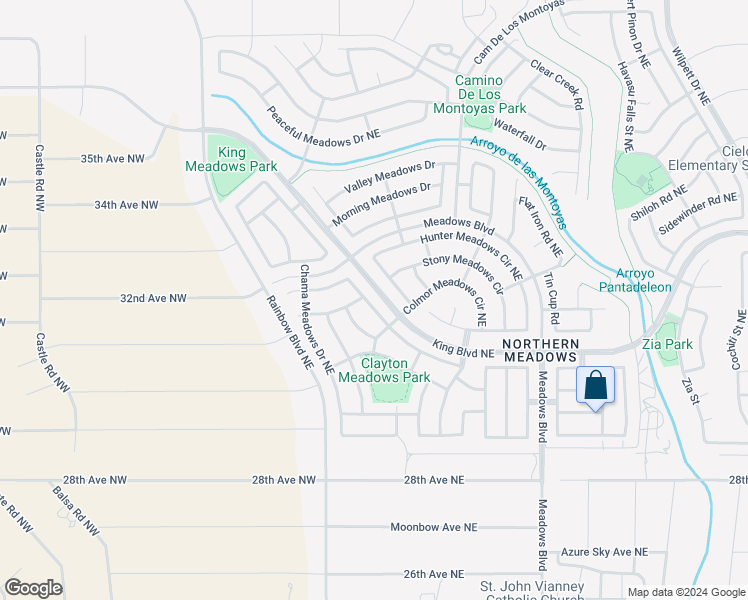 map of restaurants, bars, coffee shops, grocery stores, and more near 577 Santa Fe Meadows Drive Northeast in Rio Rancho