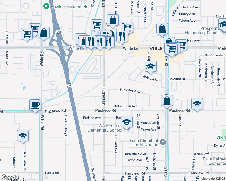 map of restaurants, bars, coffee shops, grocery stores, and more near 2404 Saint Helens Avenue in Bakersfield