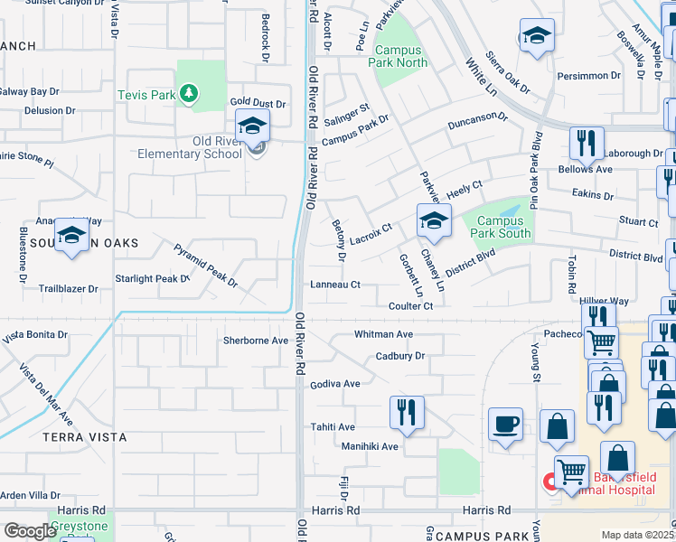 map of restaurants, bars, coffee shops, grocery stores, and more near 4622 Betony Drive in Bakersfield