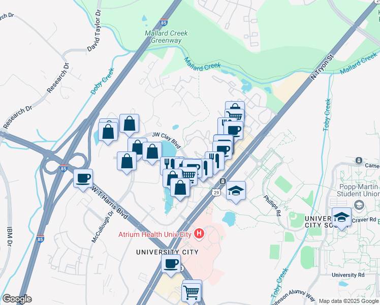 map of restaurants, bars, coffee shops, grocery stores, and more near 9221 Olmsted Drive in Charlotte
